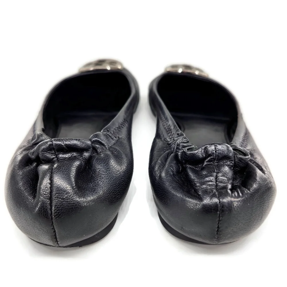Tory Burch Reva Black Leather Silver-Tone Double-T Medallion Classic Ballet Flat